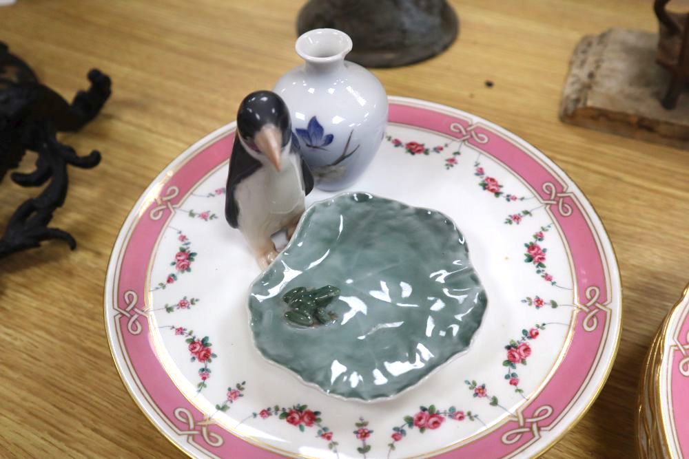 A set of eight floral and gilt dessert plates and comport and a Copenhagen penguin miniature vase and frog leaf dish